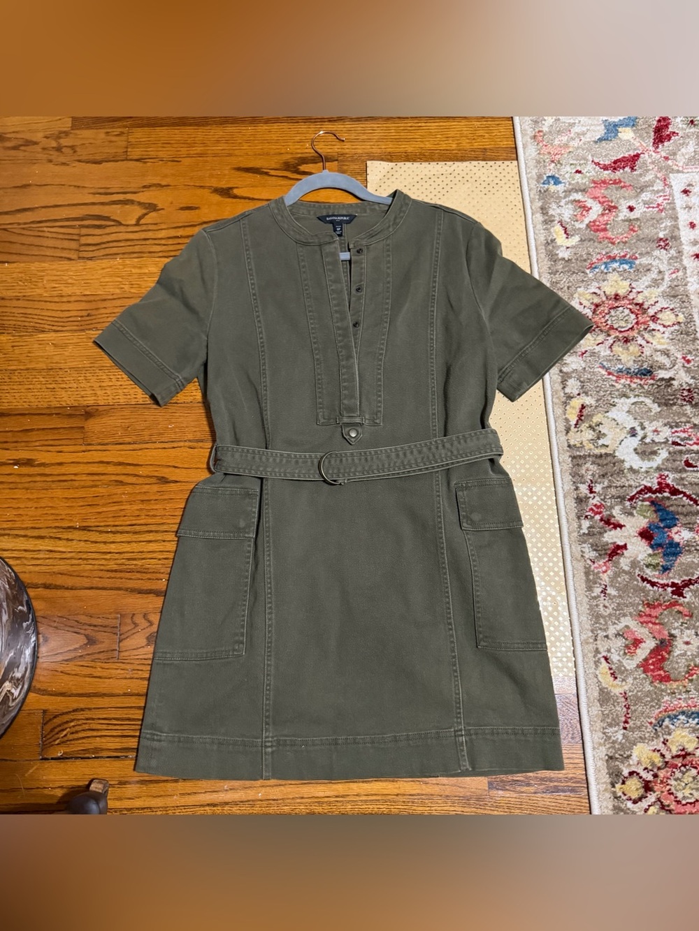 Banana Republic Olive Utility Belted Short-Sleeve Cotton Dress - 8P